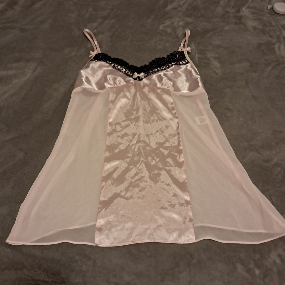 Y2K Womens Pink Sheer & Satin Babydoll Slip Tank Top Black Lace Trim Size S.